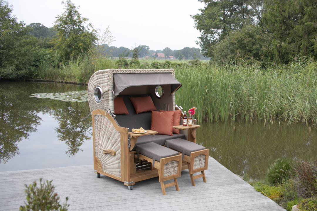 Strandkorb Rantum Grande Bullauge Teak PE Shell Dessin 593 Grau